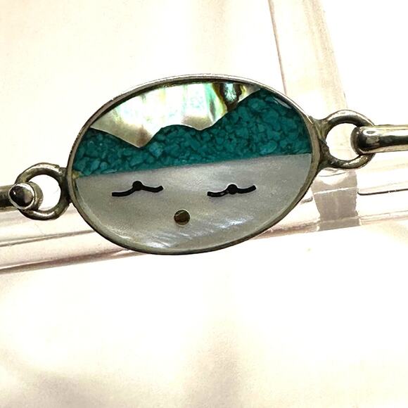 Alpaca Bracelet hooked Silver tone Beach Cloud Face Vintage Mother of Pearl - Picture 2 of 11